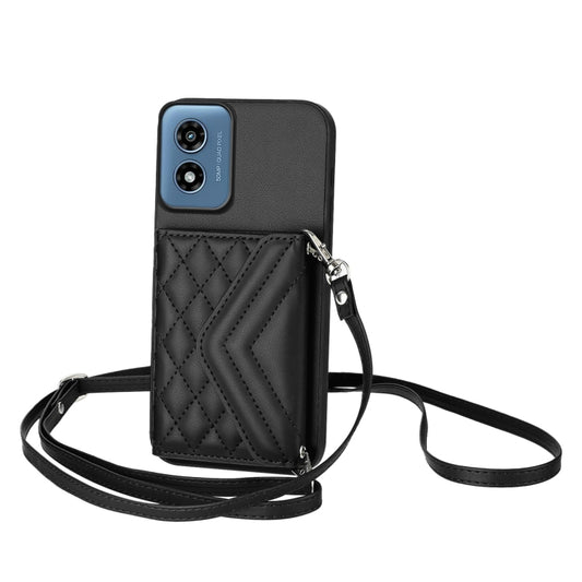 For Motorola Moto G Play 2024 5G Rhombic Texture Card Bag RFID Phone Case with Long Lanyard(Black) by buy2fix