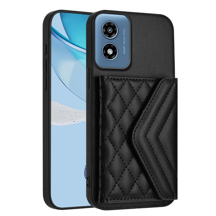 For Motorola Moto G Play 2024 5G Rhombic Texture Card Bag RFID Phone Case with Long Lanyard(Black) by buy2fix