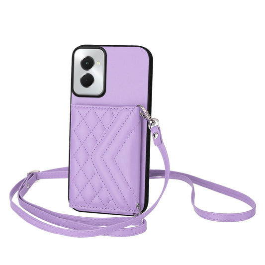For Motorola Moto G Power 2024 5G Rhombic Texture Card Bag RFID Phone Case with Long Lanyard(Light Purple) by buy2fix