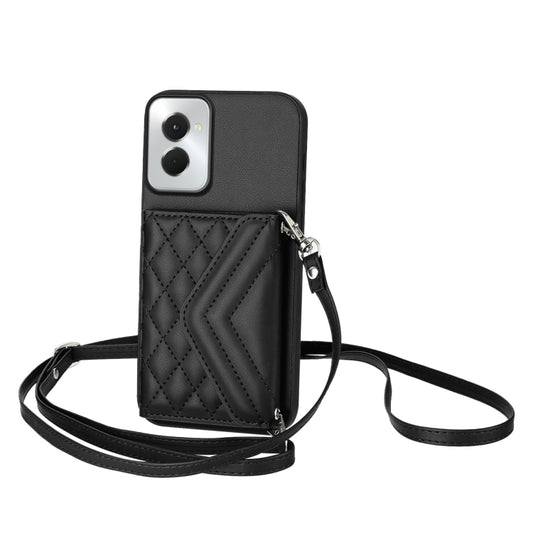 For Motorola Moto G Power 2024 5G Rhombic Texture Card Bag RFID Phone Case with Long Lanyard(Black) by buy2fix