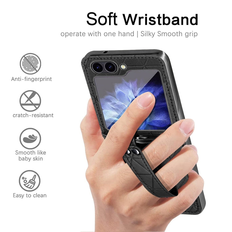 For Samsung Galaxy Z Flip6 / Flip7 FE Electroplating PC Hybrid PU Leather Phone Case with Wristband(Black) - Galaxy Z Flip6 5G Cases by buy2fix | Online Shopping UK | buy2fix