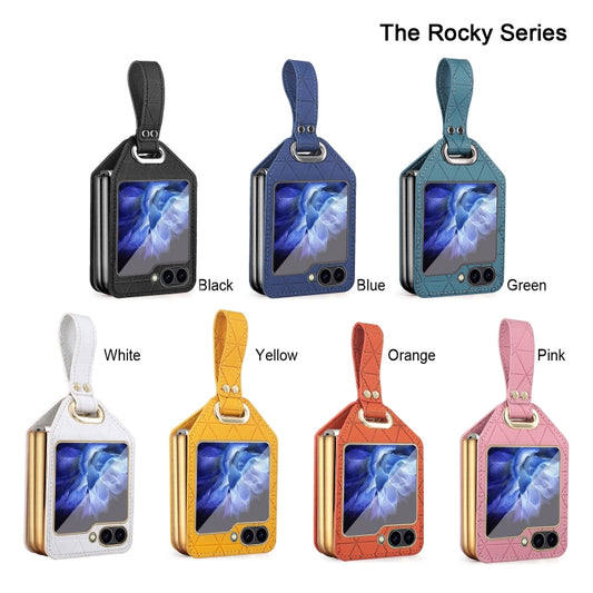 For Samsung Galaxy Z Flip5 Electroplating PC Hybrid PU Leather Phone Case with Wristband(Blue) - Galaxy Z Flip5 Cases by buy2fix | Online Shopping UK | buy2fix