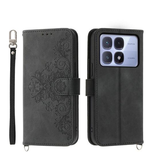 For Redmi K70 Ultra Skin Feel Flowers Embossed Wallet Leather Phone Case(Black) - Xiaomi Cases by buy2fix | Online Shopping UK | buy2fix