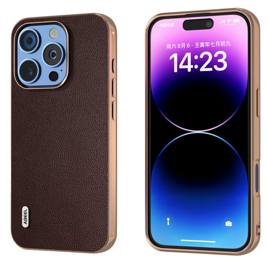 For iPhone 16 Pro ABEEL Electroplated Frame Genuine Leather Elegant Phone Case(Coffee)
