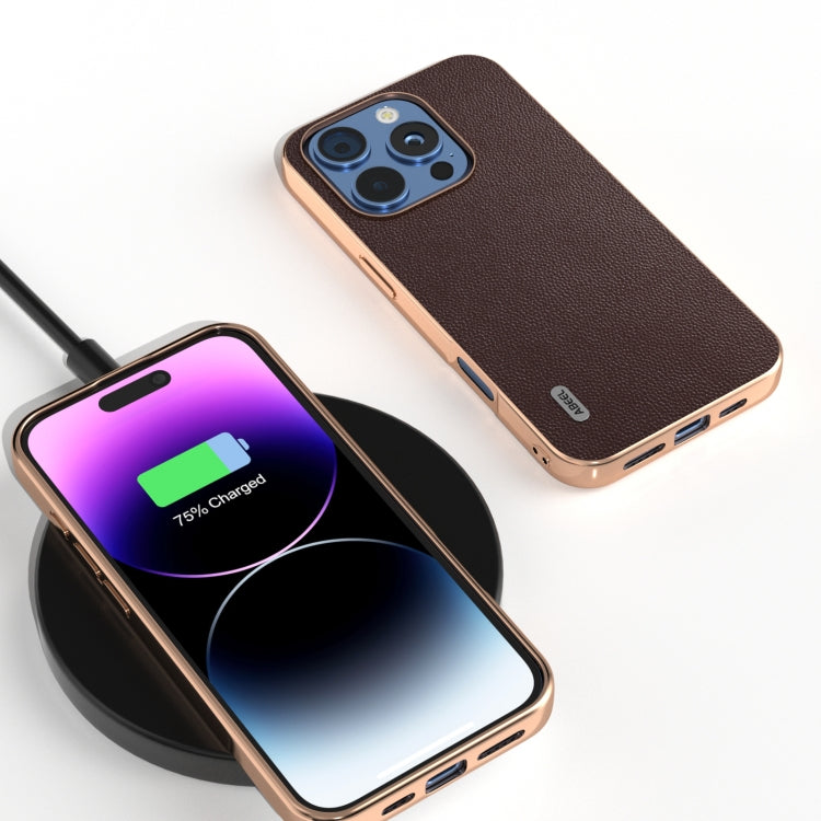 For iPhone 16 Pro ABEEL Electroplated Frame Genuine Leather Elegant Phone Case(Coffee) - iPhone 16 Pro Cases by buy2fix | Online Shopping UK | buy2fix