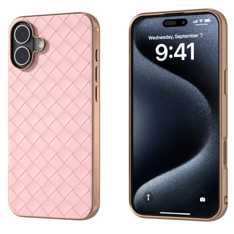 For iPhone 16 Plus Electroplated Frame Woven Texture PU Phone Case(Pink) - iPhone 16 Plus Cases by buy2fix | Online Shopping UK | buy2fix