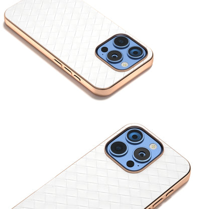 For iPhone 16 Pro Electroplated Frame Woven Texture PU Phone Case(White) - iPhone 16 Pro Cases by buy2fix | Online Shopping UK | buy2fix