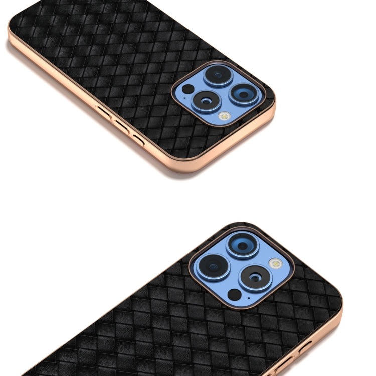 For iPhone 16 Pro Electroplated Frame Woven Texture PU Phone Case(Black) - iPhone 16 Pro Cases by buy2fix | Online Shopping UK | buy2fix