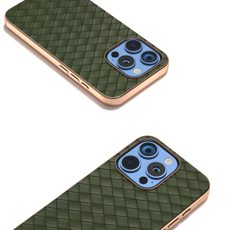 For iPhone 16 Pro Electroplated Frame Woven Texture PU Phone Case(Green) - iPhone 16 Pro Cases by buy2fix | Online Shopping UK | buy2fix