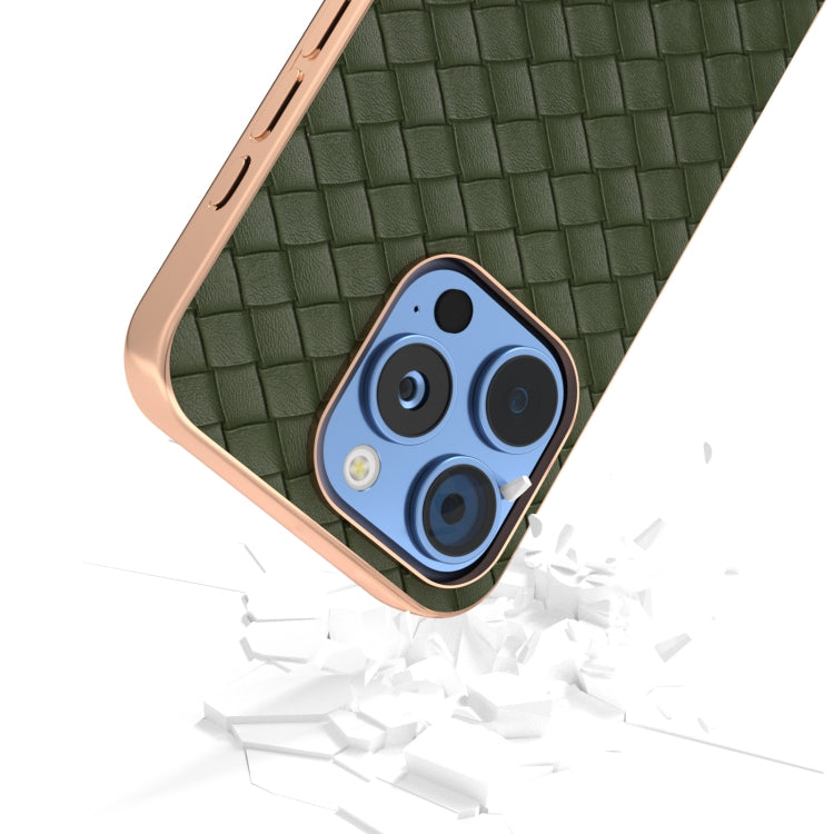 For iPhone 16 Pro Electroplated Frame Woven Texture PU Phone Case(Green) - iPhone 16 Pro Cases by buy2fix | Online Shopping UK | buy2fix