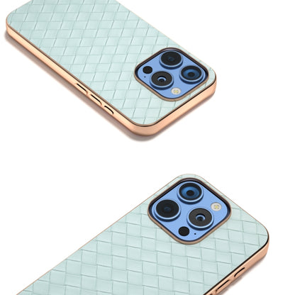 For iPhone 16 Pro Electroplated Frame Woven Texture PU Phone Case(Light Green) - iPhone 16 Pro Cases by buy2fix | Online Shopping UK | buy2fix