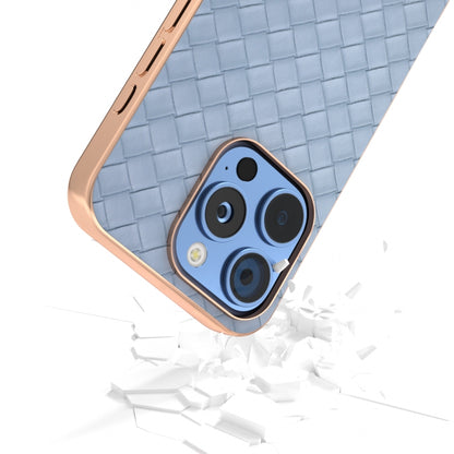 For iPhone 16 Pro Electroplated Frame Woven Texture PU Phone Case(Light Blue) - iPhone 16 Pro Cases by buy2fix | Online Shopping UK | buy2fix