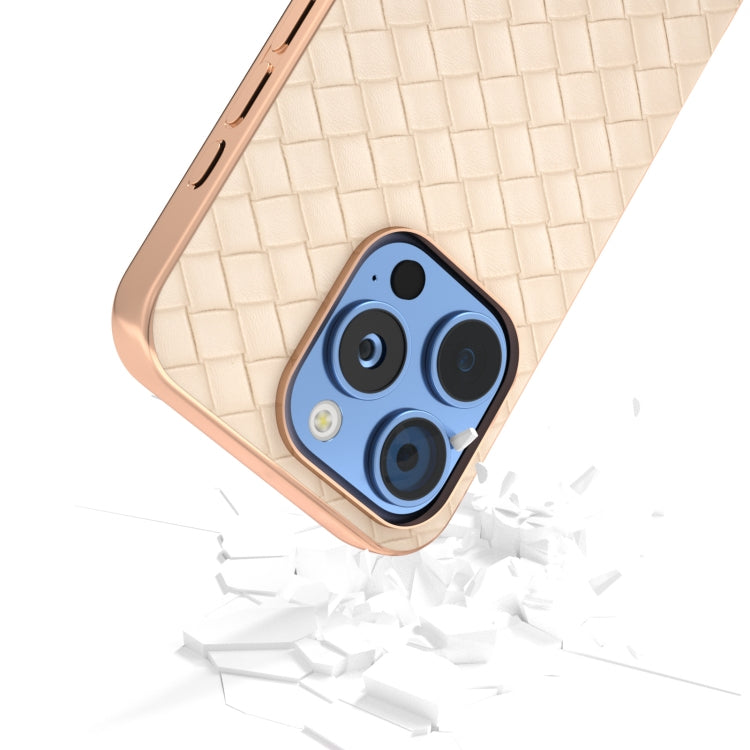 For iPhone 16 Pro Electroplated Frame Woven Texture PU Phone Case(Beige) - iPhone 16 Pro Cases by buy2fix | Online Shopping UK | buy2fix