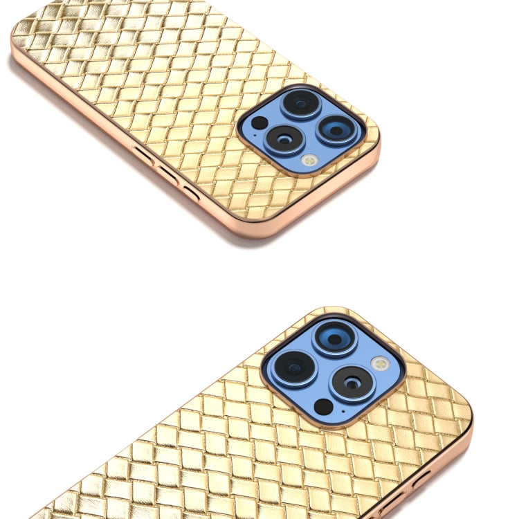 For iPhone 16 Pro Max Electroplated Frame Woven Texture PU Phone Case(Gold) - iPhone 16 Pro Max Cases by buy2fix | Online Shopping UK | buy2fix