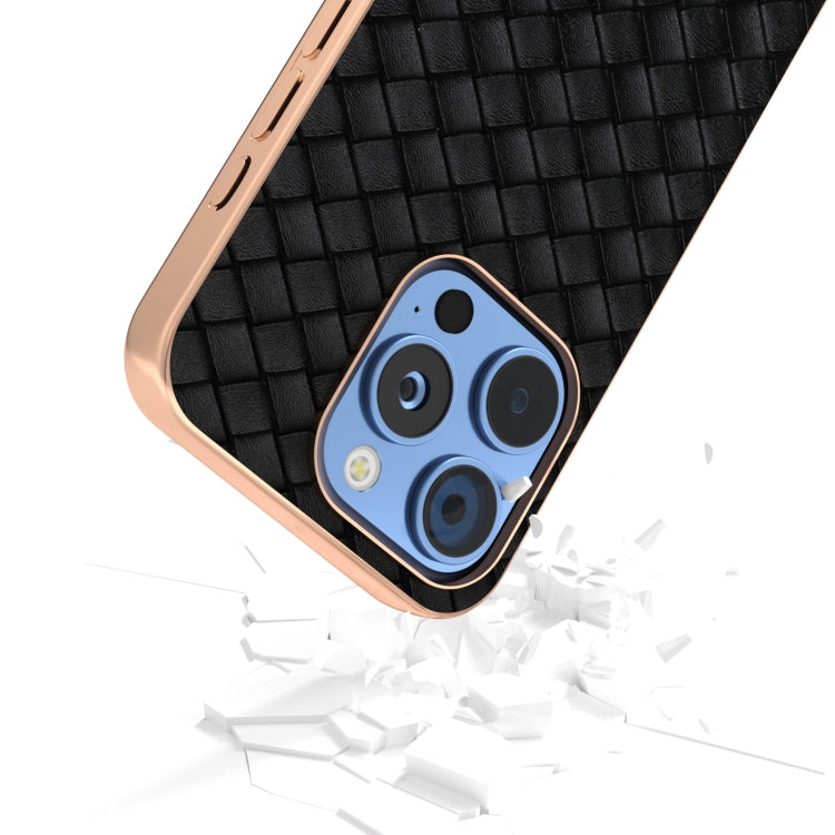 For iPhone 16 Pro Max Electroplated Frame Woven Texture PU Phone Case(Black) - iPhone 16 Pro Max Cases by buy2fix | Online Shopping UK | buy2fix