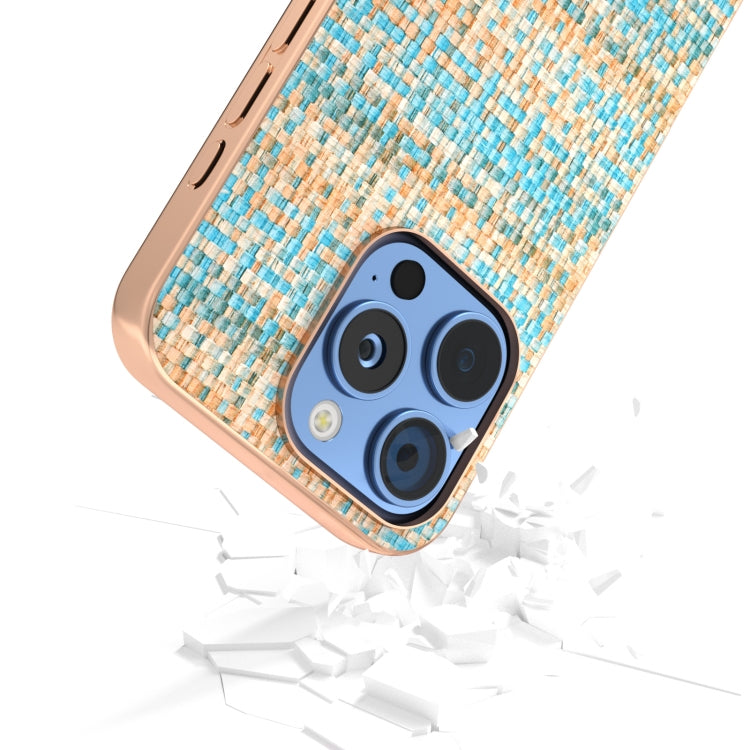 For iPhone 16 Pro Electroplated Frame Color Lattice Texture PU Phone Case(Blue) - iPhone 16 Pro Cases by buy2fix | Online Shopping UK | buy2fix