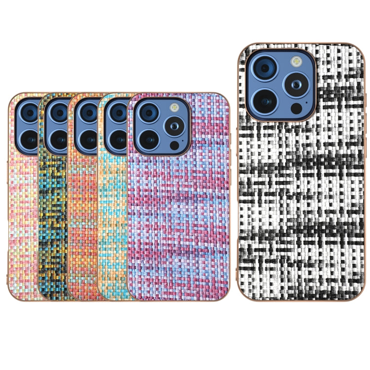 For iPhone 16 Pro Electroplated Frame Color Lattice Texture PU Phone Case(Black) - iPhone 16 Pro Cases by buy2fix | Online Shopping UK | buy2fix