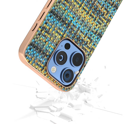 For iPhone 16 Pro Electroplated Frame Color Lattice Texture PU Phone Case(Gold) - iPhone 16 Pro Cases by buy2fix | Online Shopping UK | buy2fix