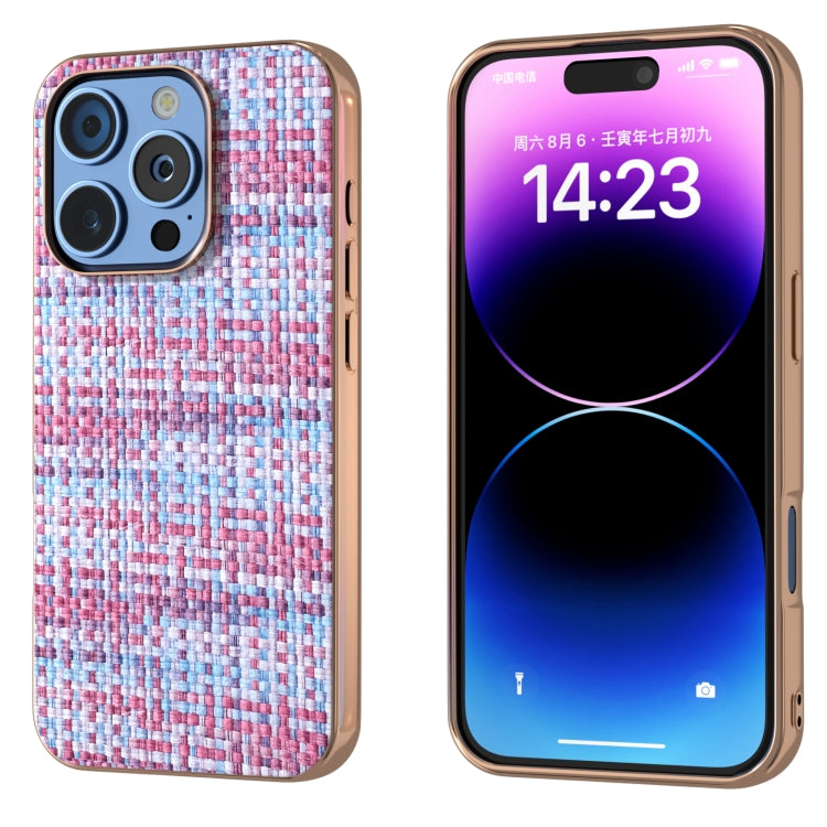 For iPhone 16 Pro Electroplated Frame Color Lattice Texture PU Phone Case(Purple) - iPhone 16 Pro Cases by buy2fix | Online Shopping UK | buy2fix