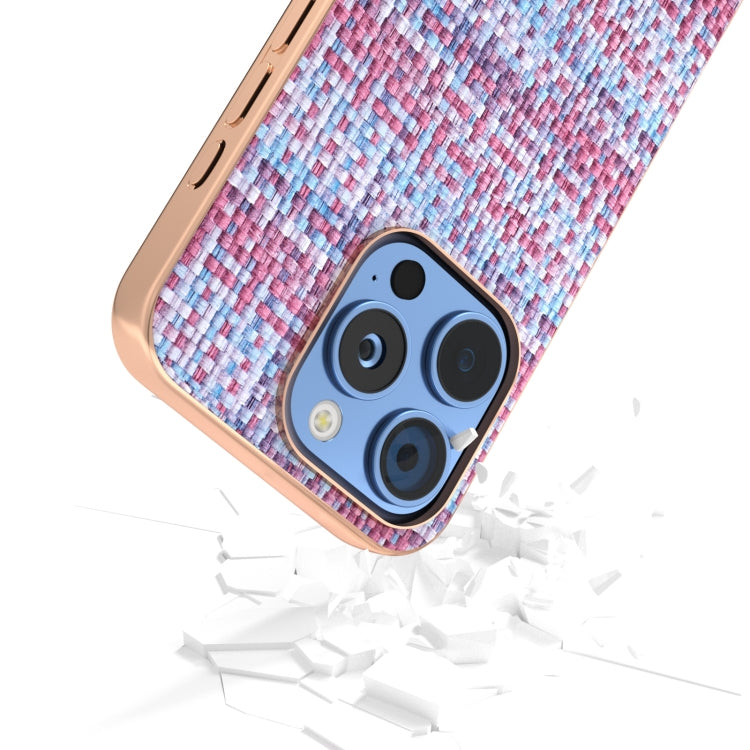 For iPhone 16 Pro Electroplated Frame Color Lattice Texture PU Phone Case(Purple) - iPhone 16 Pro Cases by buy2fix | Online Shopping UK | buy2fix