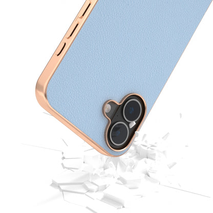 For iPhone 16 ABEEL Electroplated Frame Genuine Leather Wave Phone Case(Blue) - iPhone 16 Cases by buy2fix | Online Shopping UK | buy2fix