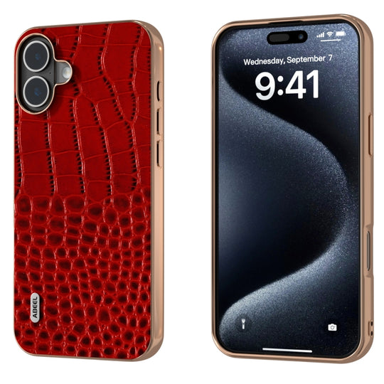 For iPhone 16 ABEEL Electroplated Frame Genuine Leather Crocodile Pattern Phone Case(Red)