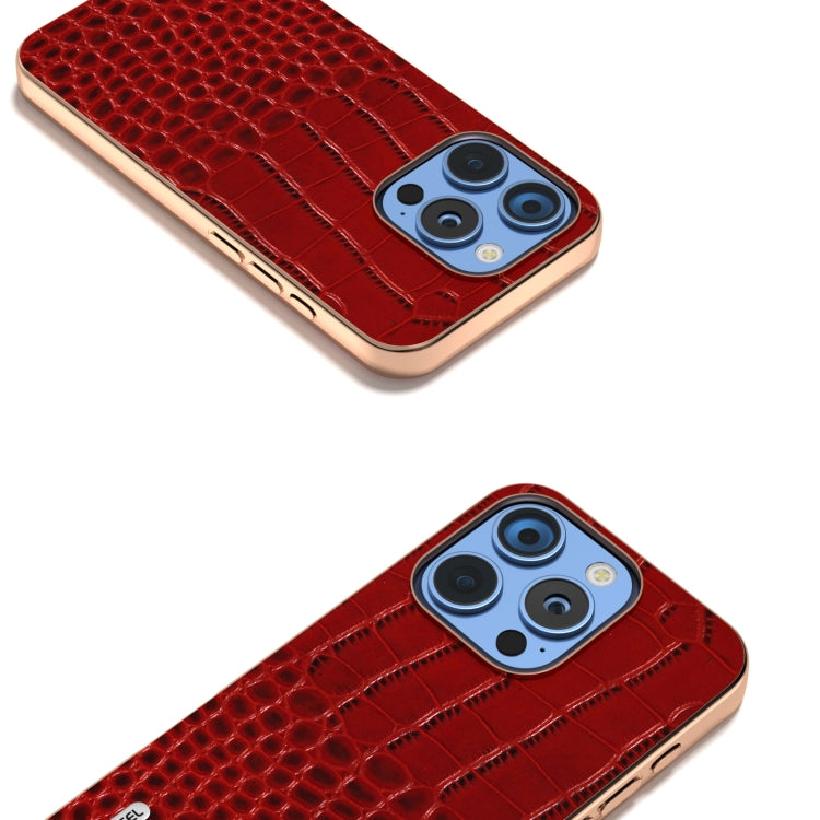 For iPhone 16 Pro ABEEL Electroplated Frame Genuine Leather Crocodile Pattern Phone Case(Red) - iPhone 16 Pro Cases by buy2fix | Online Shopping UK | buy2fix