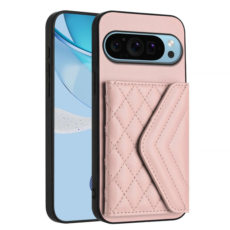 For Google Pixel 9 Pro XL Rhombic Texture Card Bag RFID Phone Case with Long Lanyard(Rose Gold) - Google Cases by buy2fix | Online Shopping UK | buy2fix