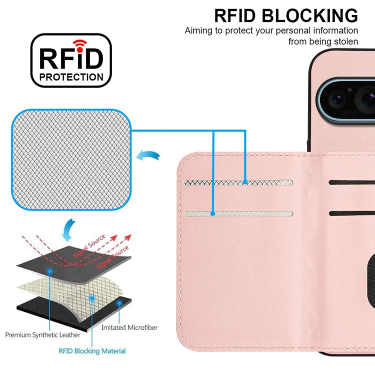 For Google Pixel 9 Pro XL Rhombic Texture Card Bag RFID Phone Case with Long Lanyard(Rose Gold) - Google Cases by buy2fix | Online Shopping UK | buy2fix