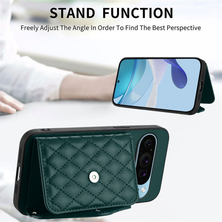 For Google Pixel 9 / 9 Pro Rhombic Texture Card Bag RFID Phone Case with Long Lanyard(Green) - Google Cases by buy2fix | Online Shopping UK | buy2fix