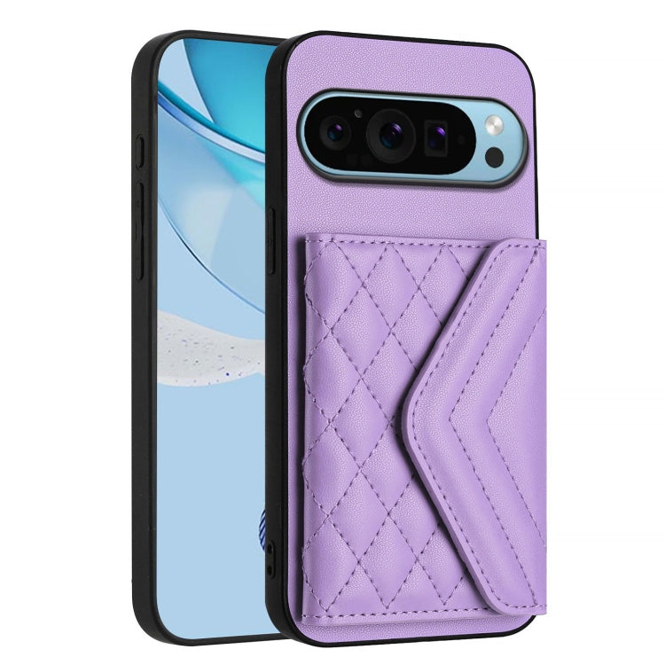 For Google Pixel 9 / 9 Pro Rhombic Texture Card Bag RFID Phone Case with Long Lanyard(Light Purple) - Google Cases by buy2fix | Online Shopping UK | buy2fix