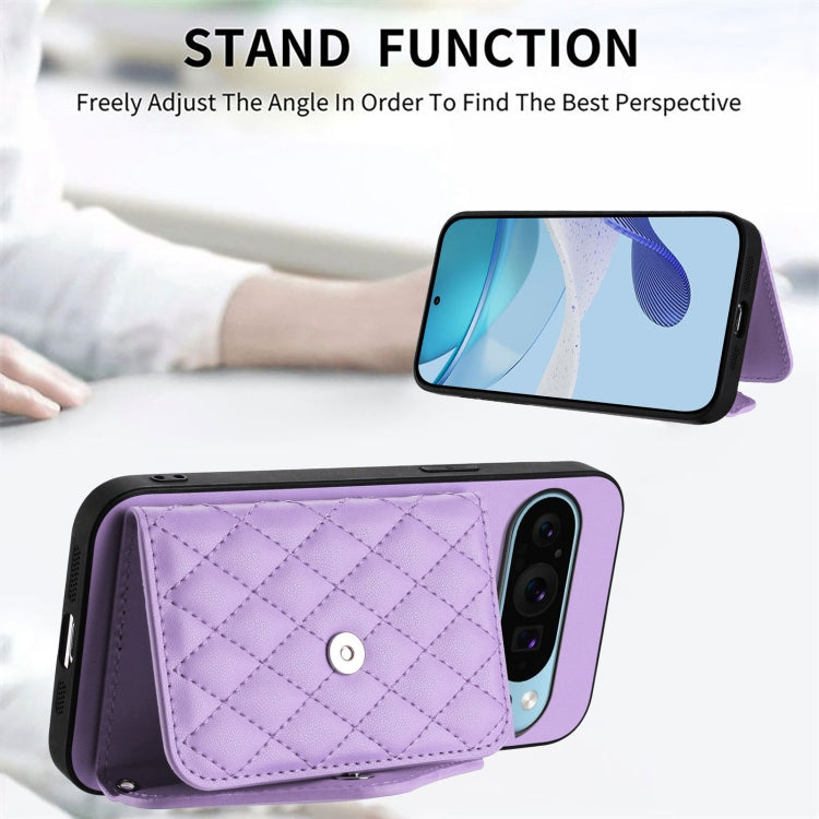 For Google Pixel 9 / 9 Pro Rhombic Texture Card Bag RFID Phone Case with Long Lanyard(Light Purple) - Google Cases by buy2fix | Online Shopping UK | buy2fix