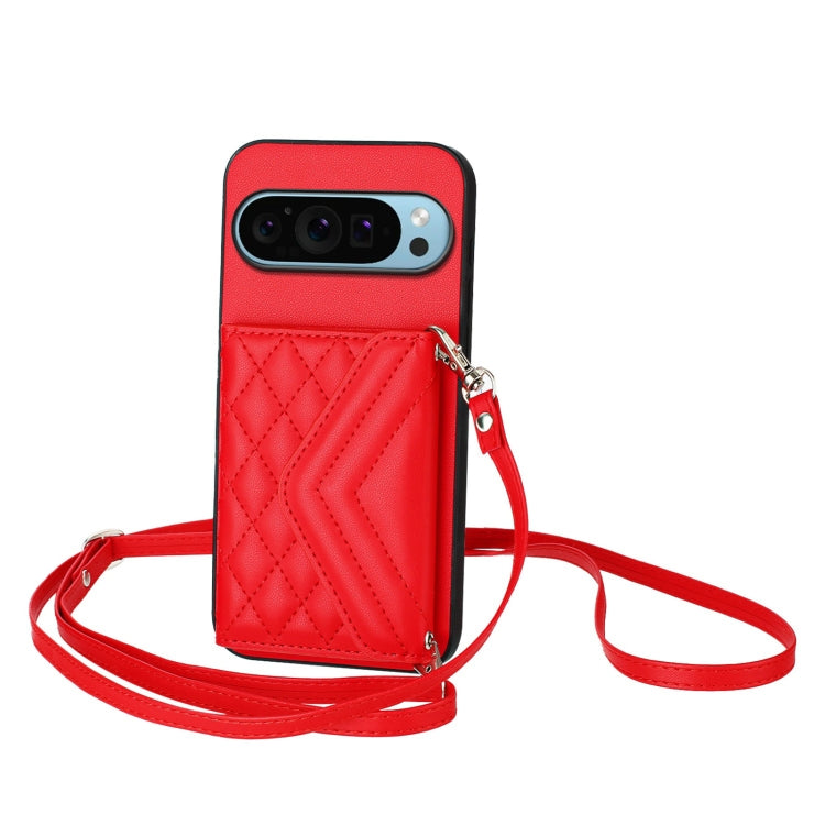 For Google Pixel 9 / 9 Pro Rhombic Texture Card Bag RFID Phone Case with Long Lanyard(Red) - Google Cases by buy2fix | Online Shopping UK | buy2fix