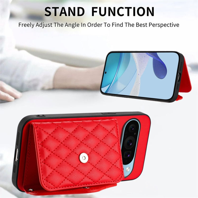 For Google Pixel 9 / 9 Pro Rhombic Texture Card Bag RFID Phone Case with Long Lanyard(Red) - Google Cases by buy2fix | Online Shopping UK | buy2fix