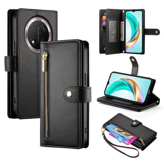 For Honor X9c Global / Magic7 Lite Nine Card-slot Zipper Wallet Bag Leather Phone Case(Black)