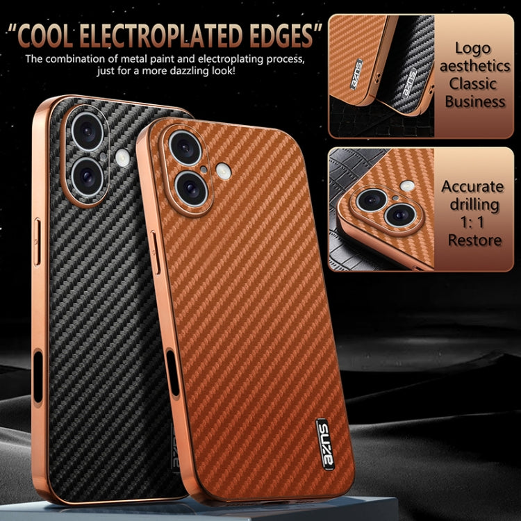 For iPhone 16 AZNS Electroplated Edge Carbon Fiber Texture Phone Case(Brown) - iPhone 16 Cases by AZNS | Online Shopping UK | buy2fix