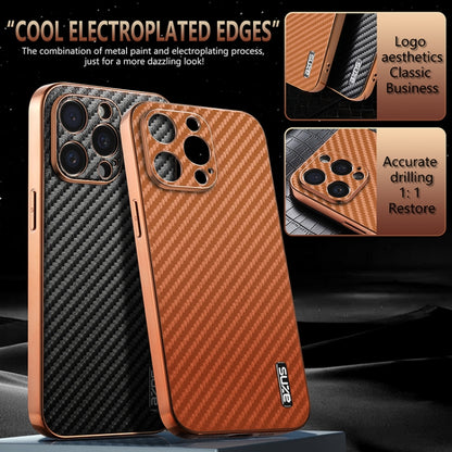 For iPhone 15 Pro Max AZNS Electroplated Edge Carbon Fiber Texture Phone Case(Brown) - iPhone 15 Pro Max Cases by AZNS | Online Shopping UK | buy2fix