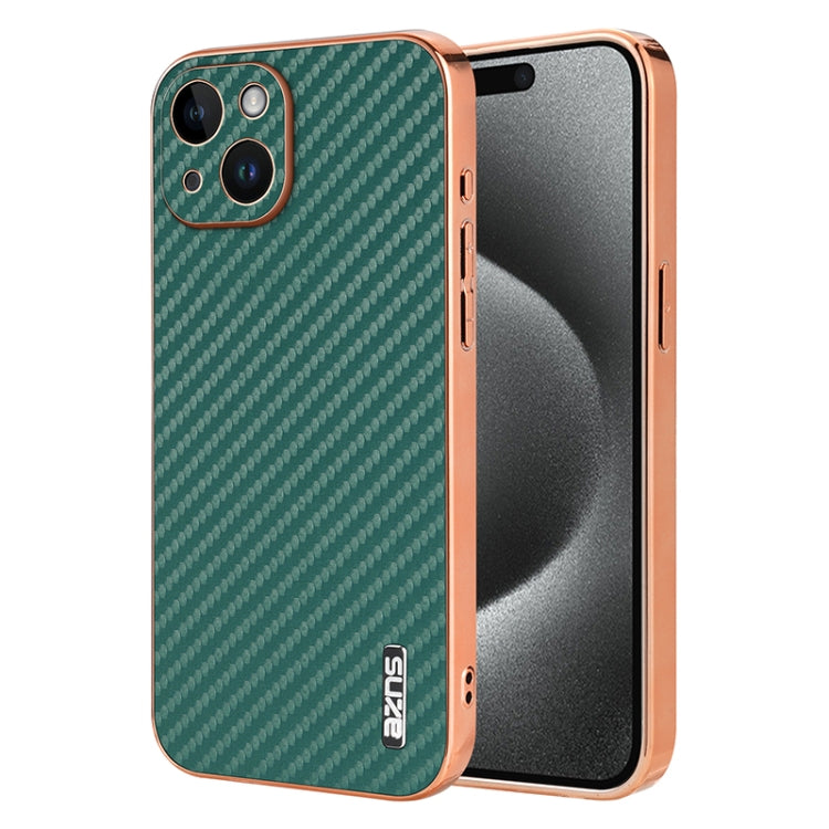 For iPhone 15 AZNS Electroplated Edge Carbon Fiber Texture Phone Case(Green) - iPhone 15 Cases by AZNS | Online Shopping UK | buy2fix