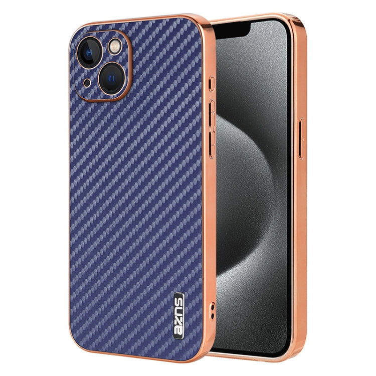 For iPhone 13 AZNS Electroplated Edge Carbon Fiber Texture Phone Case(Blue) - iPhone 13 Cases by AZNS | Online Shopping UK | buy2fix