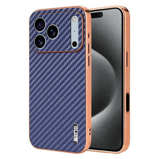 For iPhone 17 Pro Max AZNS Electroplated Edge Carbon Fiber Texture Phone Case(Blue)