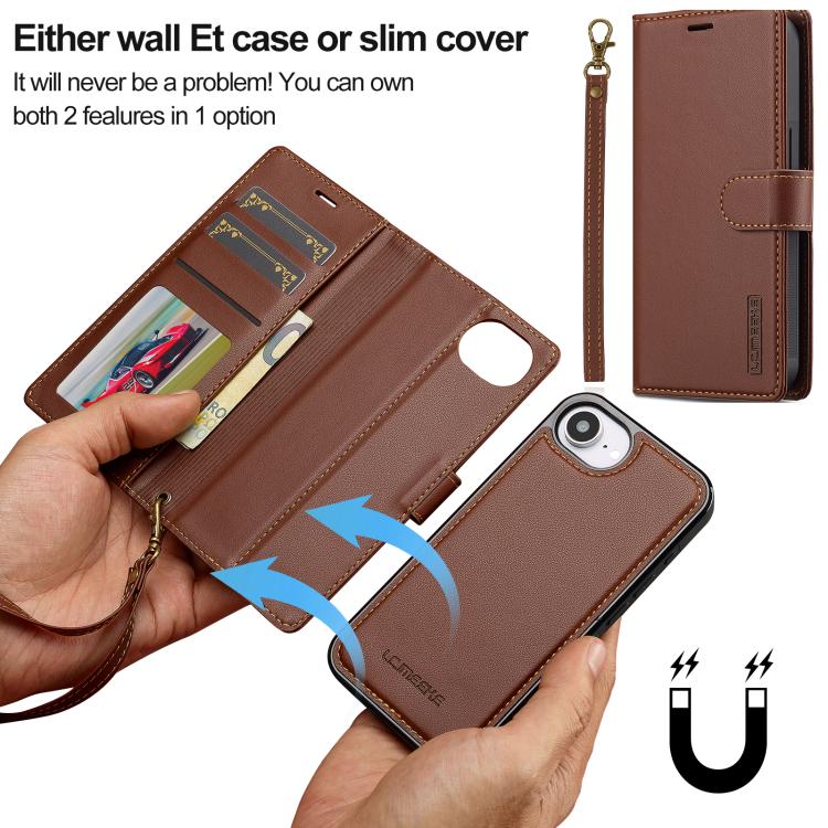 For iPhone 16e LC.IMEEKE L2 Series Detachable Magsafe PU Phone Case with Lanyard(Brown) - iPhone 16e Cases by LC.IMEEKE | Online Shopping UK | buy2fix