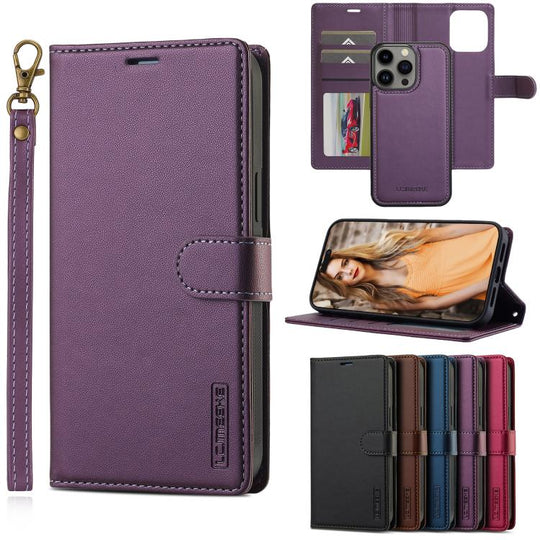 For iPhone 15 Pro LC.IMEEKE L2 Series Detachable Magsafe PU Phone Case with Lanyard(Purple)