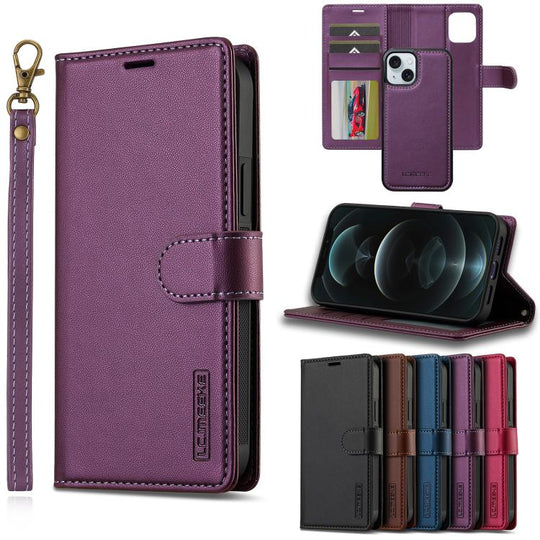 For iPhone 15 Plus LC.IMEEKE L2 Series Detachable Magsafe PU Phone Case with Lanyard(Purple)