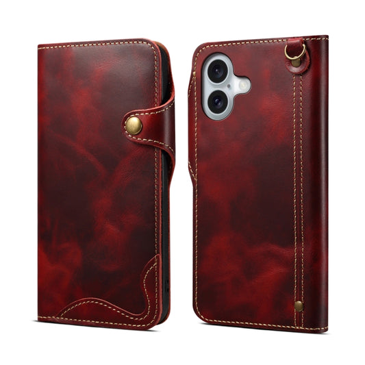 For iPhone 16 Denior B01 Oil Wax Cowhide Magnetic Button Genuine Leather Case(Red) - iPhone 16 Cases by Denior | Online Shopping UK | buy2fix