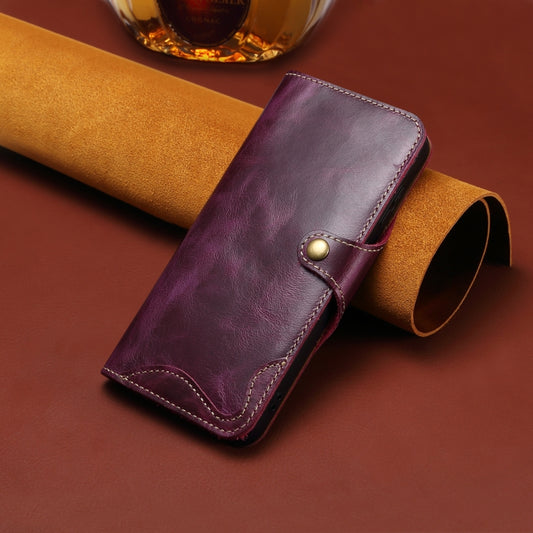 For iPhone 16 Denior B01 Oil Wax Cowhide Magnetic Button Genuine Leather Case(Purple) by Denior