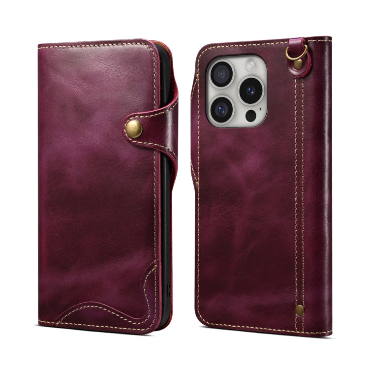 For iPhone 16 Pro Denior B01 Oil Wax Cowhide Magnetic Button Genuine Leather Case(Purple) by Denior