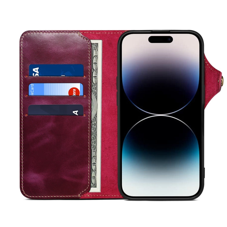 For iPhone 16 Pro Denior B01 Oil Wax Cowhide Magnetic Button Genuine Leather Case(Purple) by Denior