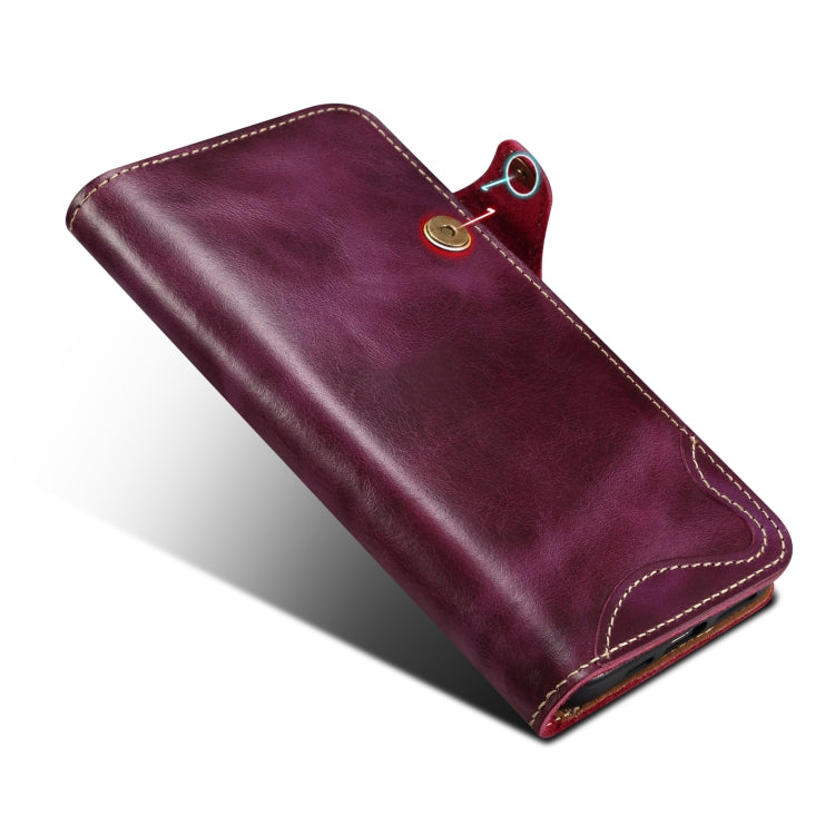 For iPhone 16 Pro Denior B01 Oil Wax Cowhide Magnetic Button Genuine Leather Case(Purple) by Denior