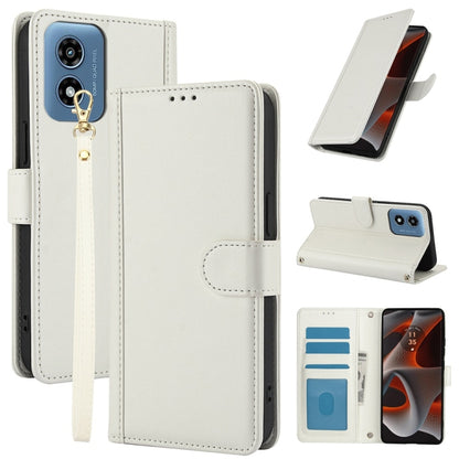 For Motorola Moto G Play 2024 Skin Feel Pure Color Card Slots Leather Phone Case with Dual Lanyard(White) by buy2fix