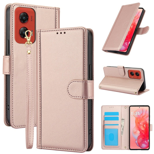 For Motorola Moto G Stylus 5G 2024 Skin Feel Pure Color Card Slots Leather Phone Case with Dual Lanyard(Rose Gold) - Motorola Cases by buy2fix | Online Shopping UK | buy2fix